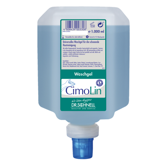 Eine 1.000 ml Dr. Schnell CIMOLIN Spenderflaschen Hautreinigung der DR.SCHNELL GmbH & Co. KGaA, blaues Waschgel mit weiß-blauem Etikett und Spenderkappe, für die sanfte Hautpflege und Reinigung.