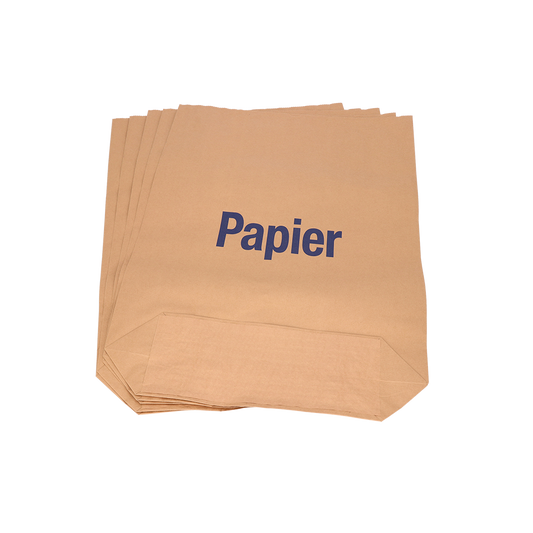 Ein Stapel brauner Papiersäcke der EMIL DEISS KG DEISS 7004 (70x95+20 cm, 70 g/m², 2-fach Bündel, 25 Stück) mit dem blauen Schriftzug "Papier" auf der Vorderseite, ideal für den industriellen Einsatz oder als umweltfreundliche Müllsäcke in Abfallsystemen.
