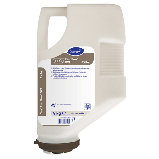 Ein beiger 4 kg Kunststoffbehälter Clax Revoflow OXI 4XP4* Bleich- und Desinfektionsmittel in Pulverform von Diversey Deutschland GmbH & Co. OHG-wirkt schon bei niedrigen Temperaturen, RKI-gelistet bei 60°C, ideal für professionelle Wäschereien.