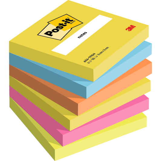 Ein Sechserpack Post-it® Notes 76x76 mm (Energetic Collection) von 3M Deutschland GmbH, mit 100 Blatt pro Block in verschiedenen Farben sortiert. Hergestellt aus 100% PEFC-zertifiziertem Papier (SGSCH-PEFC-COC-110078) für Nachhaltigkeit.