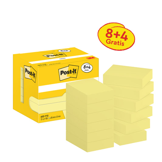 Eine gelbe Schachtel mit 3M Post-it® Notes Gelb (38 mm x 51 mm, 8 Blöcke + 4 Gratis) steht neben zwölf Stapeln Haftnotizen.