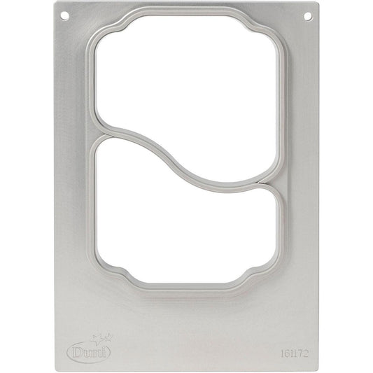Die rechteckige silberne Metallkassette DF10/20 2-comp der Duni GmbH mit zwei miteinander verbundenen Mittelausschnitten - ideal für Gastronomie und Take away. Geprägt mit dem Duni-Logo und "161172" an den unteren Ecken, passend für 500/400 ml PP-Schalen.