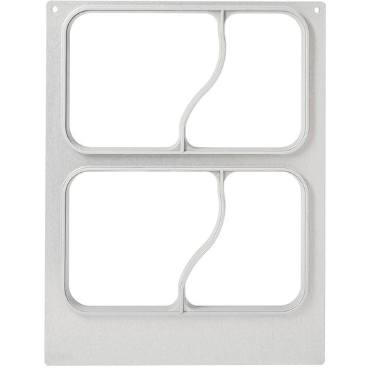 Die Kassette DF15/25 2-Komp. f. PP/M BK Menüschale 1146 ml von Duni GmbH verfügt über zwei große rechteckige Fächer mit geschwungenen Trennwänden, abgerundeten Ecken, gebürsteter Struktur und zwei Schraublöchern in den oberen Ecken - perfekt für Gastronomie oder Catering.