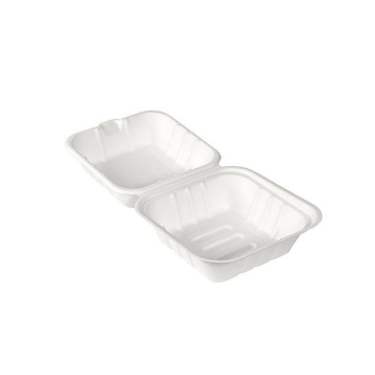 Der Auslaufartikel: BioPak Menübox 475 ml (Bagasse, Weiß, 162x152x80 mm) von Duni GmbH ist eine offene, rechteckige, biologisch abbaubare Einwegverpackung, die auf einem schlichten weißen Hintergrund abgebildet ist. Die Packung enthält 50 Stück.