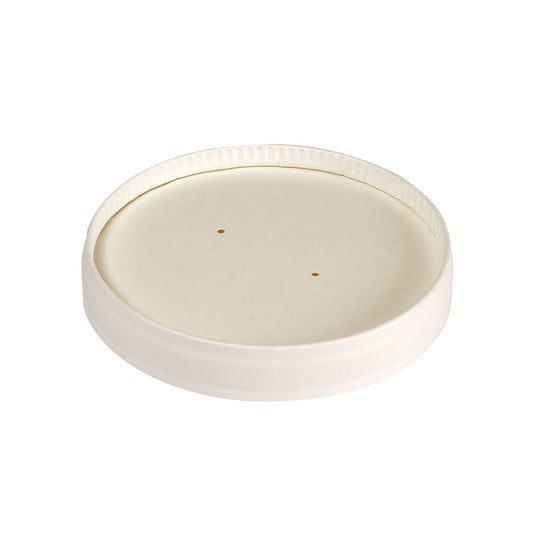 Ein weißer, runder Deckel Karton Ronda SHORT (480 ml, 98x98x17 mm) der Duni GmbH mit zwei kleinen Mittellöchern, von oben gesehen auf weißem Grund. FSC-zertifiziert und PLA-beschichtet; erhältlich in Packungen zu 25 Stück.
