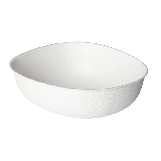 Der Bowl Bagasse Pebble 500 ml Weiß Bagasse von Duni GmbH ist ein ovaler, weißer, biologisch abbaubarer Einwegbehälter mit glatten und leicht strukturierten Rändern, der in Packungen zu 50 Stück verkauft wird, abgebildet auf weißem Hintergrund.