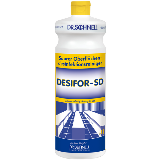 Eine Flasche der Dr. Schnell DESIFOR-SD Flächendesinfektion der DR.SCHNELL GmbH & Co. KGaA, ein Flächendesinfektionsmittel mit gelber Kappe und blau-gelbem Etikett mit Produktangaben und Tischen und Stühlen zur effektiven Flächenreinigung.