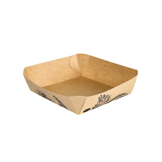 Die Alga Schale quadratisch 115x115x39mm, braun der Duni GmbH ist eine quadratische Lebensmittelschale aus braunem Karton mit leicht abgeschrägten Seiten und einem aufgedruckten Außendesign. Die leere Schale ist vor einem weißen Hintergrund abgebildet.