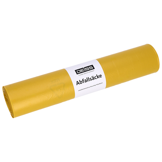 Abgebildet ist eine gelbe Rolle DEISS Abfallsäcke aus Recycling-LDPE 70 l (25 Stück) der EMIL DEISS KG (GmbH + Co.) mit einem weißen "DEISS Abfallsäcke"-Etikett auf weißem Hintergrund.