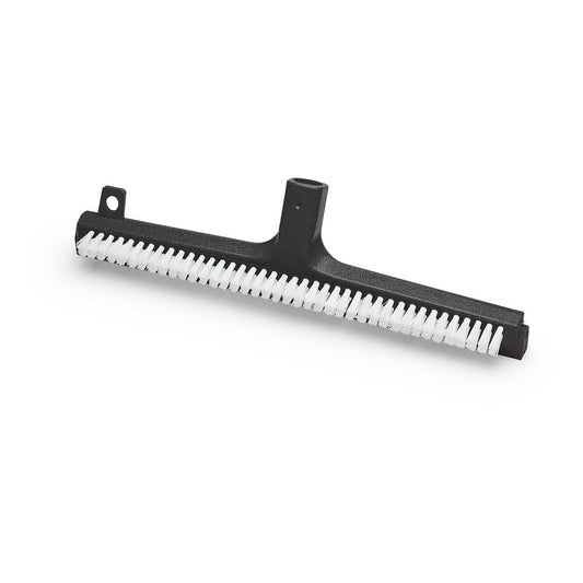 Der Nölle Profi Brush Duo-Wasserschieber 43 cm mit Schaumgummi-Borsten von Nölle Profi Brush Bürsten- & Pinseltechnik e.K. ist ein schwarzer Kunststoff-Bodenabzieher mit weißen Schaumstoffborsten in einer Reihe für eine effiziente Reinigung.