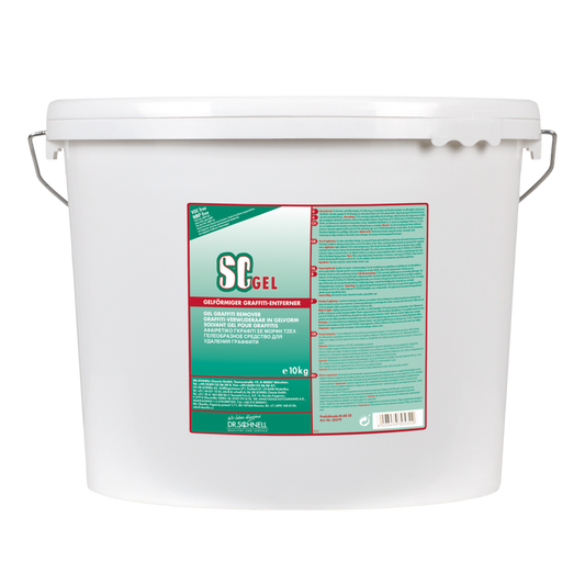 Ein 10 kg schwerer weißer Kunststoffeimer mit Griff und Deckel enthält den Dr. Schnell SC GEL Graffitientferner der DR.SCHNELL GmbH & Co. KGaA, ein professioneller Graffiti-Entferner. Das Etikett zeigt italienischen Text in den Farben grün, rot und weiß.