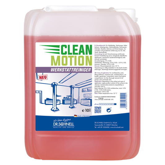 Ein 10-Liter Dr. Schnell CLEANMOTION WERKSTATTREINIGER der DR.SCHNELL GmbH & Co. KGaA mit roter Flüssigkeit und einem Etikett mit Autowerkstattmotiv und deutscher Produktinformation - ideal für die effektive Werkstattreinigung.