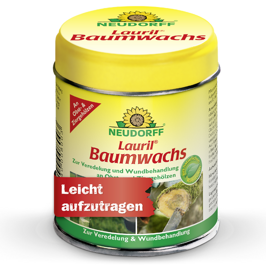 Eine gelbe Dose Lauril Baumwachs von Neudorff Shop für die Baumpflege und Wundbehandlung von Obst- und Zierbäumen, mit einem roten Etikett mit der Aufschrift "Leicht aufzutragen".