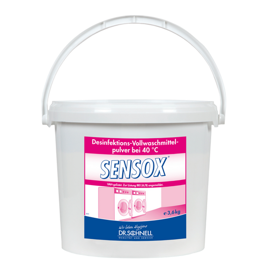Ein 3,6 kg schwerer weißer Kunststoffeimer von Dr. Schnell SENSOX Wäschehygiene, phosphatfreies Desinfektionspulver, VAH-gelistet, von DR.SCHNELL GmbH & Co. KGaA. Das deutsche Label zeigt rosa Waschmaschinen und einen Griff zum einfachen Tragen.