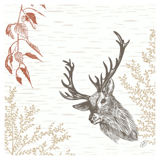 Ein Hirsch mit großem Geweih, ähnlich der Duni Bio Dunisoft® Serviette 40 x 40 cm Wood & Deer von Duni GmbH, ist auf einem neutralen Hintergrund platziert. Stilisierte braune und orange Blätter bereichern das Design der umweltfreundlichen Einwegserviette und verleihen ihr ein dekoratives Motiv, das an die Natur erinnert.