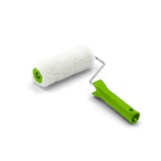 Der Nölle Profi Brush Komplettroller Vestan Florhöhe 20 mm von Nölle Profi Brush Bürsten- & Pinseltechnik e.K. zeichnet sich durch einen weißen, flauschigen 20 mm Vestan-Fasern-Deckel und einen grünen Kunststoffgriff auf weißem Grund aus.