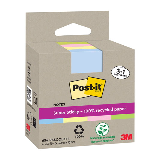 Eine Packung 3M Post-it® Super Sticky Recycling Notes, 76x76 mm, 70 Blatt/Block, aus 100% PEFC-zertifiziertem Recyclingpapier, pastellfarben. Werbeaktion: 3 kaufen, 1 gratis. Mit erneuerbarem Klebstoff für starken Halt.