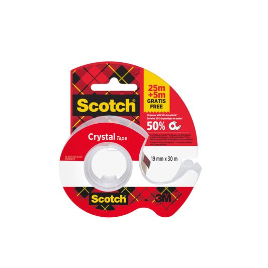 Eine Rolle Scotch® Crystal Klebeband (19mm x 25m) plus 5m GRATIS auf einem Handabroller, von 3M Deutschland GmbH, in einem klaren Spender mit klassischer rot-gelber Verpackung.