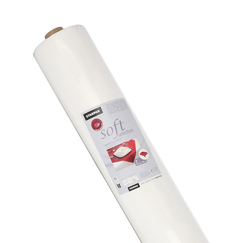 Abgebildet ist eine große Rolle Starpak Tischdecke, stoffähnlich, Vlies „soft selection“ (25 m x 1,18 m, weiß) mit einem Etikett mit Kissensymbol und Produktdetails, fotografiert vor einem schlichten weißen Hintergrund.