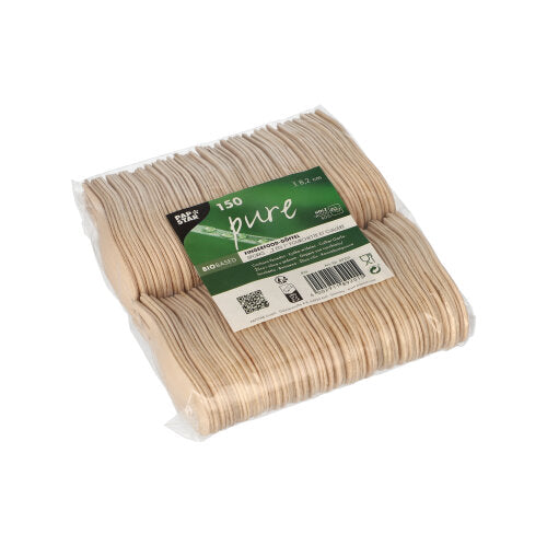 In einer Klarsichtverpackung befinden sich 150 Fingerfood-Löffel (8,2 cm) aus Holz der PAPSTAR GmbH „pure“, übersichtlich gestapelt und mit einem grün-weißen Etikett mit Produktinformationen versehen. Die biologisch abbaubaren Löffel sind hygienisch in Folie verpackt.