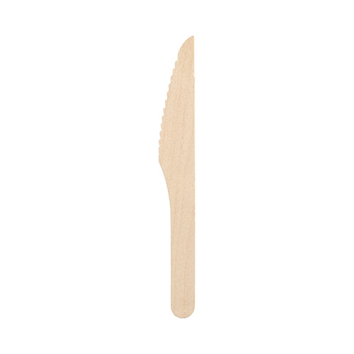 Ein PAPSTAR 250 Messer Holz „pure“ 16,5 cm Einwegmesser von PAPSTAR GmbH mit geradem Griff und leicht gezackter Klinge, hygienische Lösung für Events und Partys, einzeln auf weißem Hintergrund isoliert.