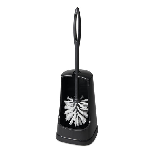 Die Nölle Profi Brush WC Garnitur mit Randreiniger (Regranulat, unmontiert, 1 Stück) von Nölle Profi Brush Bürsten- & Pinseltechnik e.K. steht aufrecht im passenden schwarzen Halter vor weißem Hintergrund.