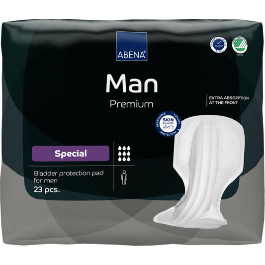 Die ABENA Man Special, Premium von Abena Re-Seller GmbH ist eine Packung mit 23 Paar Tampons bei Blasenschwäche von Männern mit extra Frontabsorption. Die Verpackung trägt die Aufschrift "Special" und zeigt die Abbildung eines einzelnen Tampons.