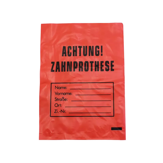Der AMPri LDPE Zahnprothesenbeutel mit den Maßen 17 x 24 cm verfügt über ein rotes Design mit schwarzem „ACHTUNG! ZAHNPROTHESE“-Text und Feldern für Name, Adresse und Zimmernummer, um eine hygienische und einfache Identifizierung von Zahnprothesen zu gewährleisten. Marke: AMPri Handelsgesellschaft mbH.