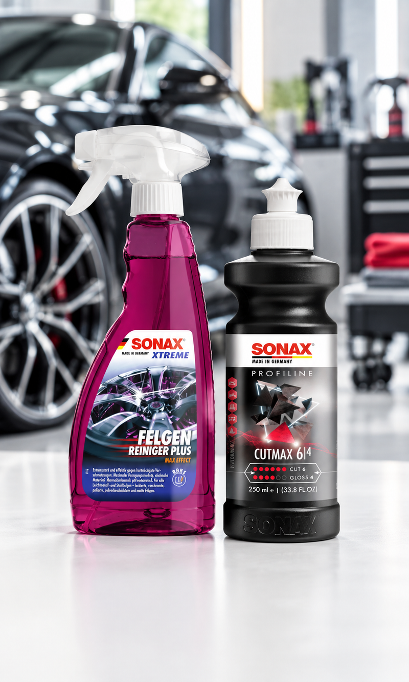 Sonax Xtreme Felgenreiniger Plus und Sonax Profiline Cutmax vor einem Auto