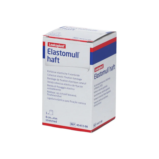 Ausgestellt ist eine Schachtel BSN Elastomull® haft, eine elastische Fixierbinde der BSN Medical GmbH aus latexfreiem Polymer. Die überwiegend weiße Verpackung ist mit roten und blauen Akzenten versehen und enthält Text in mehreren Sprachen.