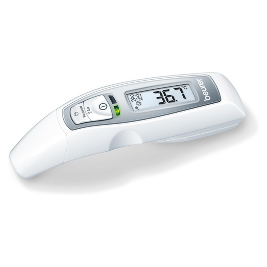 Das weiße Beurer Multifunktions-Thermometer FT 70 der Beurer GmbH verfügt über ein Display mit einer Anzeige von 36,7°C, mehrere Tasten und die Aufschrift "beurer" auf der rechten Seite.