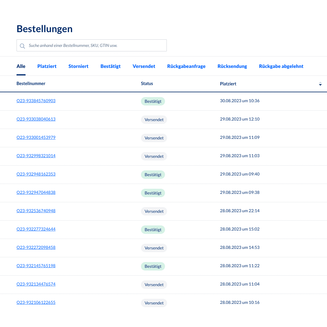 Ein Screenshot des Backend-Bestellmanagementsystems Altruan MetroSync: Metro Market to Weclapp Bestellverarbeitung, das eine Tabelle mit Bestellnummern und Statusaktualisierungen anzeigt. Jede Zeile enthält Bestellnummer, Status, SKU, Erstellungsdatum und -zeit. Die meisten Status zeigen
