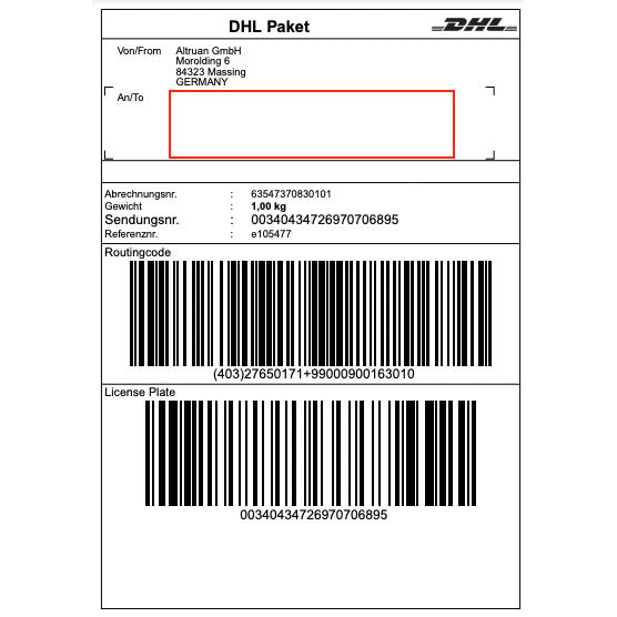 A DHL label from Altruan GmbH (Morolding 6, 84323 Massing, Germany) contains barcodes and a weight of 1.00 kg, with the tracking number 00340434276970706895. The recipient address field is left blank for updates via the PackMaster app: Weclapp Logistics Packing App for improving the efficiency of shipping labels.