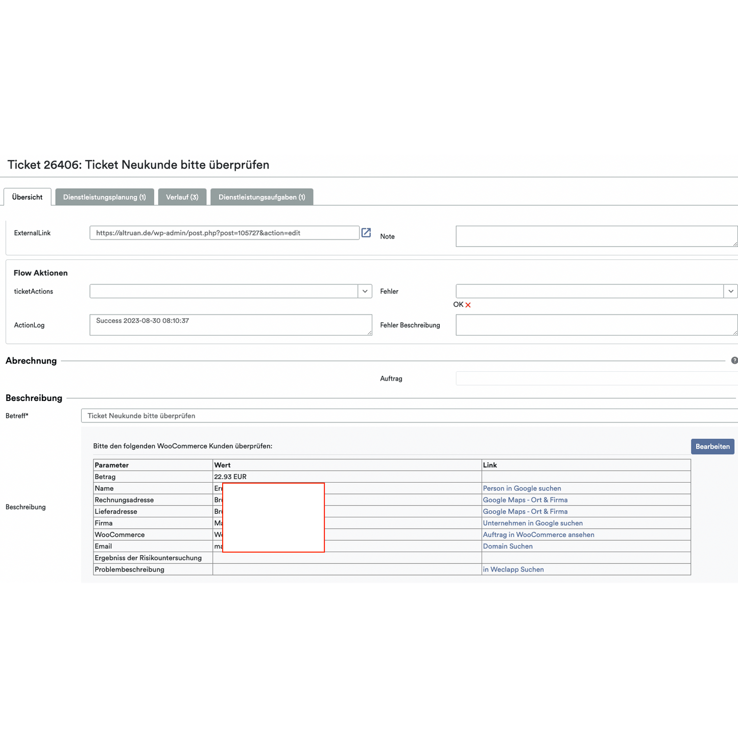 Screenshot of the interface of a cloud service's ticket system, displaying various fields such as "Ticket Details," "Journal," and "Customer," with information about a transaction—including the cost of the items—highlighted in a red box. The system shown here uses Altruan's OrderGuardian.