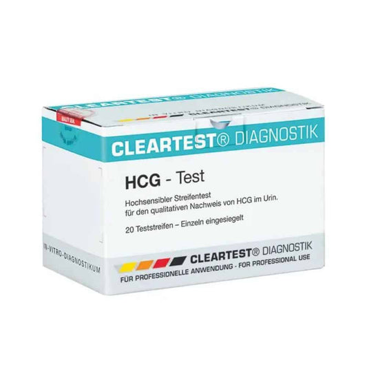 Packung mit Cleartest hCG Schwangerschafts-Teststreifen - 20 Stück von Servoprax GmbH, wobei der Text in Deutsch darauf hinweist, dass es für die qualitative Bestimmung von hCG im Urin gedacht ist und nur für den professionellen Gebrauch bestimmt ist.