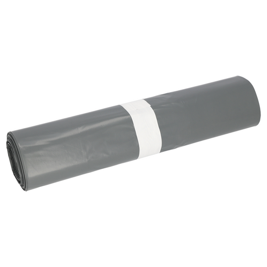 Ein aufgerollter grauer DEISS Premium® Typ 60 Müllsack, hergestellt aus hochwertigem Recyclingmaterial der EMIL DEISS KG (GmbH + Co.), ist mit einem weißen Streifen gesichert. Der Untergrund ist uniweiß.