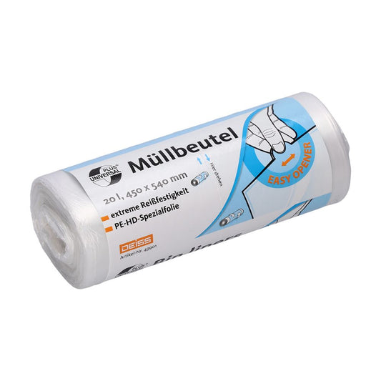 Abgebildet ist eine Rolle reißfester Müllbeutel mit der Aufschrift „DEISS Universal Plus® Müllbeutel 20 Liter, 49901“. Die Verpackung weist die Abmessungen 20 Liter, 450 x 540 mm, auf und ist mit einer Abbildung einer „Easy-Opener“-Funktion versehen. Hergestellt aus HDPE-Spezialfolie, lautet der Markenname EMIL DEISS KG (GmbH + Co.).