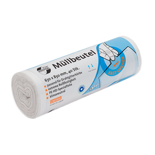 Der DEISS Universal Plus® Müllsack 80 Liter, 46928 von EMIL DEISS KG (GmbH + Co.) ist eine Rolle mit strapazierfähigen Müllbeuteln mit der Aufschrift „Müllbeutel“, mit den Abmessungen 630 x 850 mm und einer Stückzahl von 40 Stück pro Rolle. Die Verpackung enthält eine Abbildung, die ein Easy-Opener-Design hervorhebt, und bietet Materialinformationen zur Benutzerfreundlichkeit.