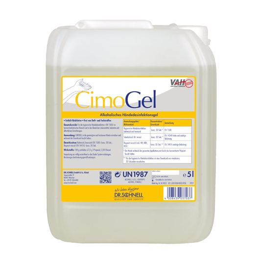 Der 5-Liter-Behälter aus transluzentem Kunststoff der Dr. Schnell CIMOGEL Händedesinfektion der DR.SCHNELL GmbH & Co. KGaA, mit weißem Deckel und deutschem Etikett, schützt zuverlässig vor Bakterien und Viren.