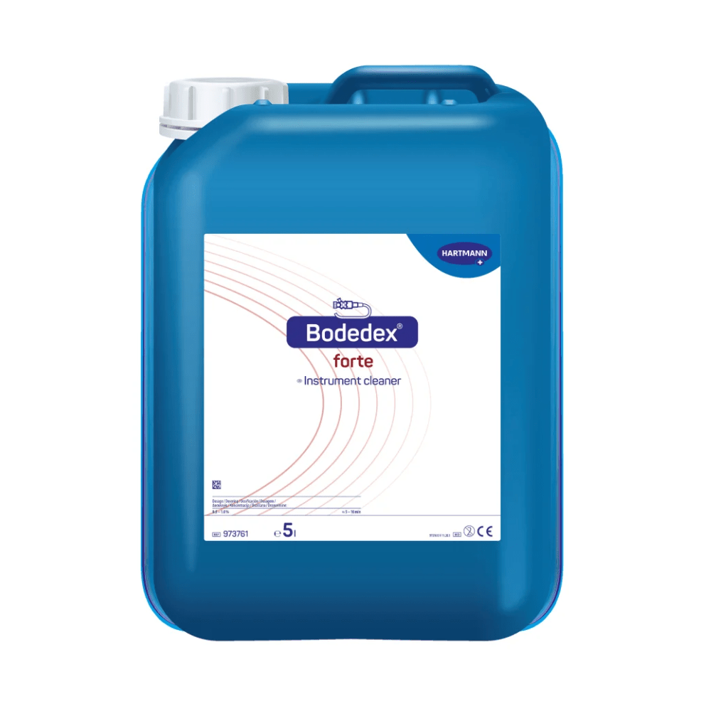 A blue plastic canister labeled “Hartmann Bodedex® forte Instrument Cleaner” by Paul Hartmann AG, with a fill-level mark and multilingual product descriptions.