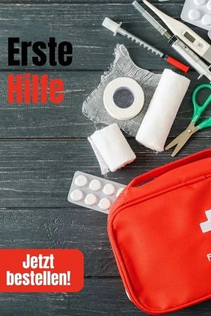 Erste-Hilfe-Set mit roten Verbandtasche, Schere, Pflaster, Verbänden, Tabletten und Thermometer auf dunkler Holzoberfläche; Text: ‚Erste Hilfe‘ und ‚Jetzt bestellen!‘.