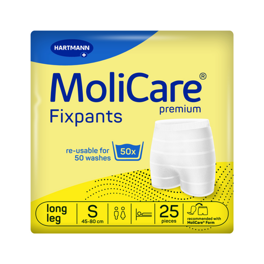 Die Packung der MoliCare® Premium Fixpants der Paul Hartmann AG enthält 25 weiße Fixpants in der Größe S (45–80 cm), ideal für lange Beine und Inkontinenzeinlagen, wiederverwendbar bis zu 50 Wäschen. Empfohlen mit MoliCare Form.