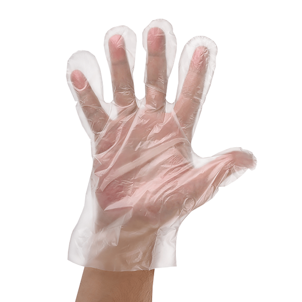 A hand wearing NITRAS PE disposable gloves from MCD MEDICAL CARE DENTAL GmbH is shown against a white background. The transparent PE gloves, which comply with EN 1186, appear slightly gathered and loose as they fit snugly around the palm.