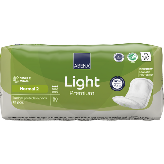 Eine Packung ABENA Light Normal 2, Premium von Abena Re-Seller GmbH (12 Stück) bietet diskreten Auslaufschutz und hohe Saugfähigkeit. Die grün-weiße Verpackung zeigt mit Produktinfos und Piktogrammen die erweiterten Vorteile.
