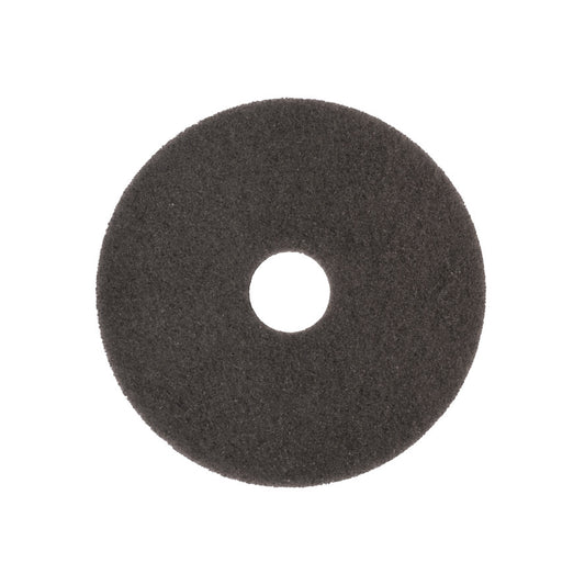 Das Arcora SUPERPAD DUNKELBRAUN von Arcora International GmbH ist ein runder, flacher, schwarzer Scheuerschwamm mit einem Loch in der Mitte und rauer Struktur, ideal zum Polieren dunkler Oberflächen mit der Poliermaschine. Abgebildet vor weißem Hintergrund.