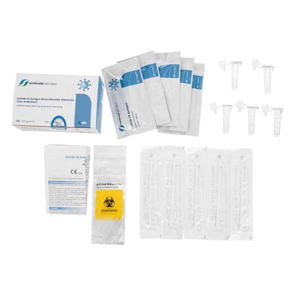 The Safecare Laientest 5-Pack COVID-19 Rapid Antigen Test Kit features the Safecare brand. This self-test kit contains test cassettes in sealed pouches, instructions for use, extraction tubes with caps, and a biohazard bag, and provides results in just 15 minutes.