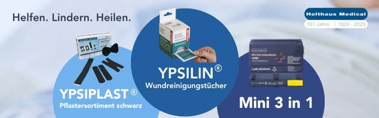 Werbebanner von Holthaus Medical mit dem Slogan „Helfen. Lindern. Heilen.“. Abgebildet sind drei Produkte: links das YPSIPLAST Pflastersortiment schwarz mit verschiedenen schwarzen Pflasterformen, in der Mitte YPSILIN Wundreinigungstücher mit einer Hand, die ein Tuch entnimmt, und rechts das kompakte Erste-Hilfe-Set Mini 3 in 1. Oben rechts befindet sich ein Hinweis auf „101 Jahre | 1924–2025“.