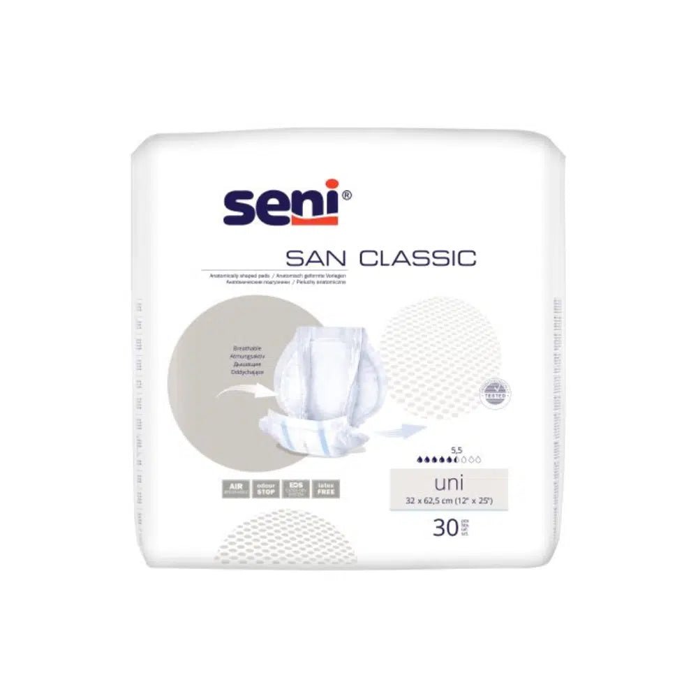 The picture shows a package of San Seni Classic Uni Incontinence Pads by TZMO Deutschland GmbH. The package is primarily white with blue and beige accents and features text providing information on absorbency and size. The package contains 30 pads for added comfort.