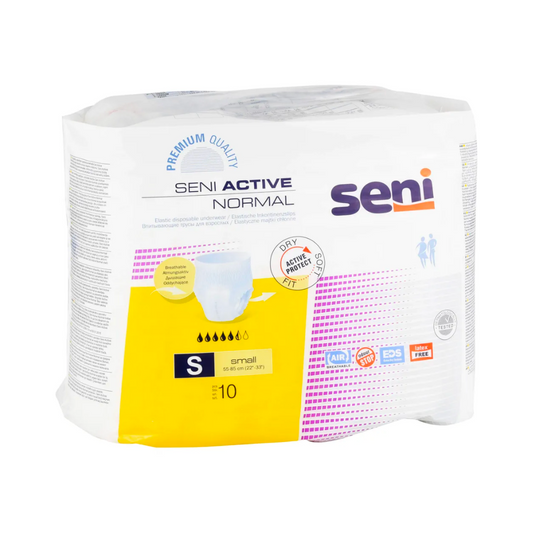 Seni Active Normal Inkontinenzpants von TZMO Deutschland GmbH, Größe S, 10er-Pack. Die überwiegend weiße Packung mit gelben Akzenten zeigt die Saugstärke und einen Nässeindikator für Blasenschwäche.