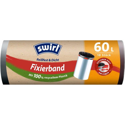 Eine Rolle Swirl Fixierband-Müllbeutel 60 l Reißfest & Dicht von Melitta Europa GmbH & Co. KG enthält 10 Beutel aus 100 % Recyclingkunststoff, mit elastischen Fixierbändern in brauner, roter und oranger Verpackung und Müllsack-Motiv.
